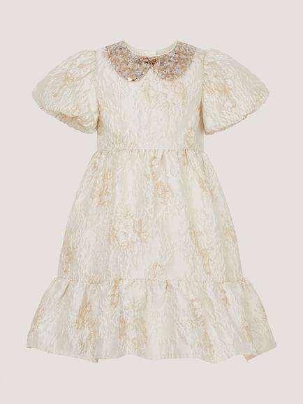 Monsoon Kids' Josephine Puff Sleeve Metallic Jacquard Party Dress, Gold - view 2, Gold