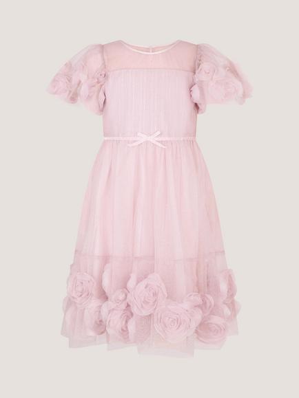 Monsoon Kids' Remi Puff Sleeve 3D Rose Party Dress, Pink, Pink