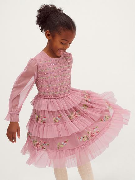 Monsoon Kids' Sequin Ruffle Dress, Pink, Pink