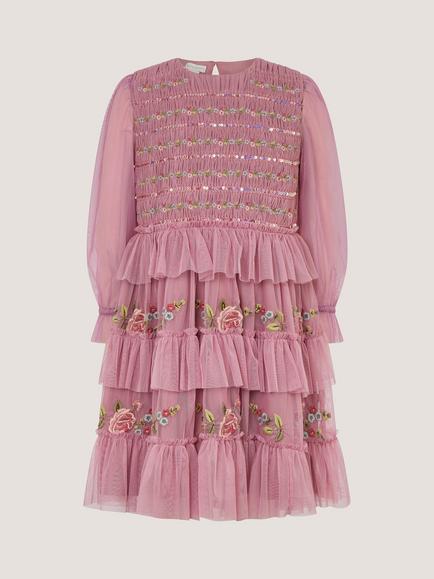 Monsoon Kids' Sequin Ruffle Dress, Pink - view 2, Pink