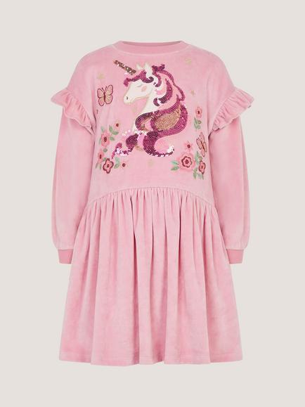 Monsoon Kids' Unicorn Velour Dress, Pink - view 2, Pink