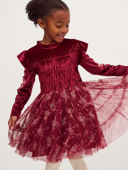 Monsoon Kids' Floral Velvet Disco Dress, Burgundy, Burgundy
