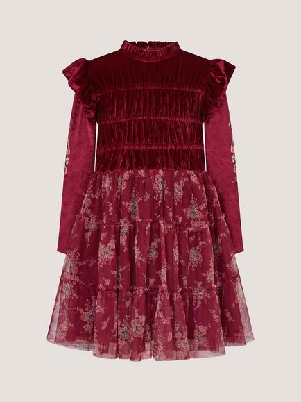 Monsoon Kids' Floral Velvet Disco Dress, Burgundy - view 2, Burgundy