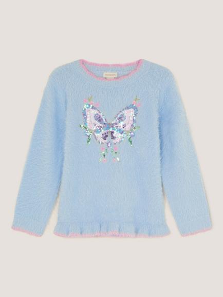 Monsoon Kids' Fluffy Sequin Butterfly Jumper, Blue, Blue