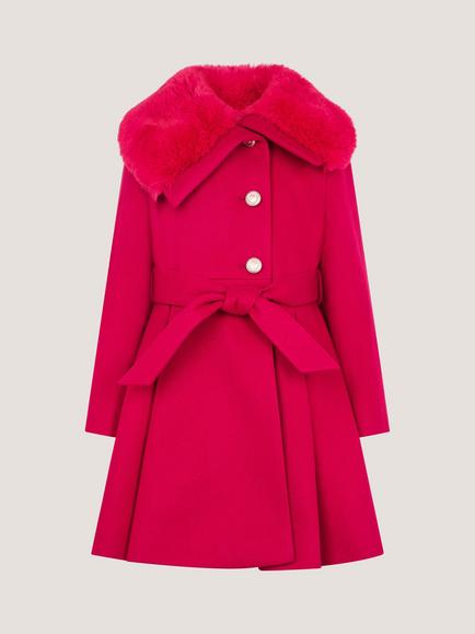 Monsoon Kids' Faux Fur Belted Coat, Red - view 2, Red