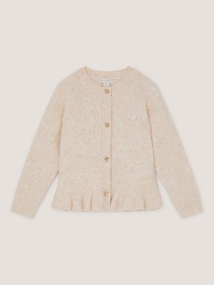 Monsoon Kids' Knitted Pearl Bow Cardigan, Cream, Cream