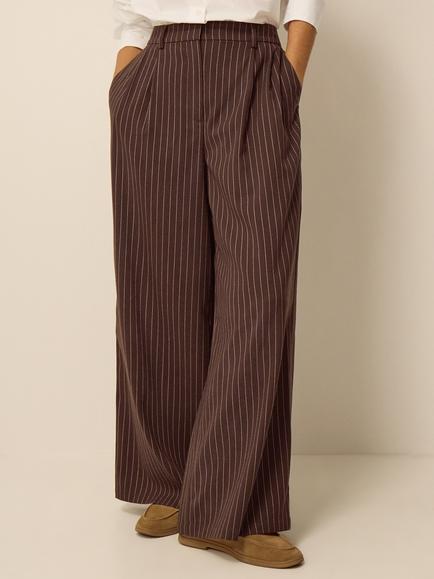 Monsoon Jen Pinstripe Wide Leg Trousers, Chocolate, Chocolate