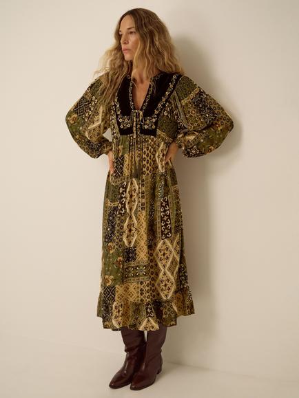 Monsoon Laoise Long Sleeve Floral Patchwork Midi Dress, Khaki, Khaki