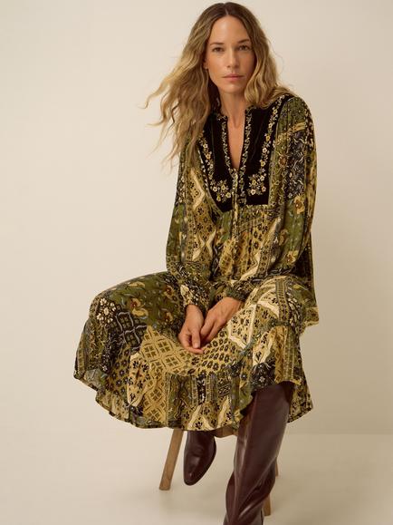 Monsoon Laoise Long Sleeve Floral Patchwork Midi Dress, Khaki - view 2, Khaki