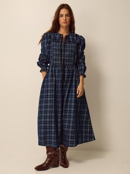 Monsoon Ruth Cotton Check Midi Dress, Navy, Navy