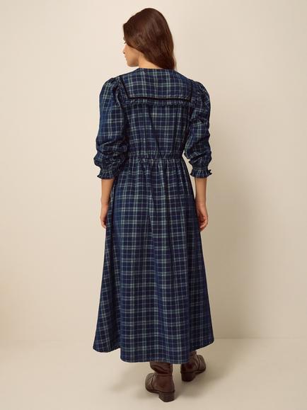 Monsoon Ruth Cotton Check Midi Dress, Navy - view 2, Navy