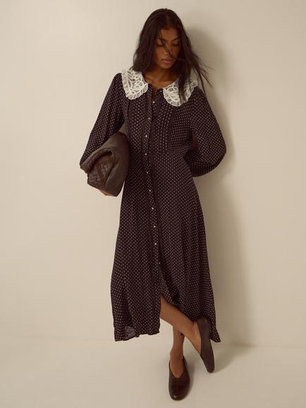 Monsoon Shae Lace Collar Polka Dot Midi Dress, Chocolate, Chocolate