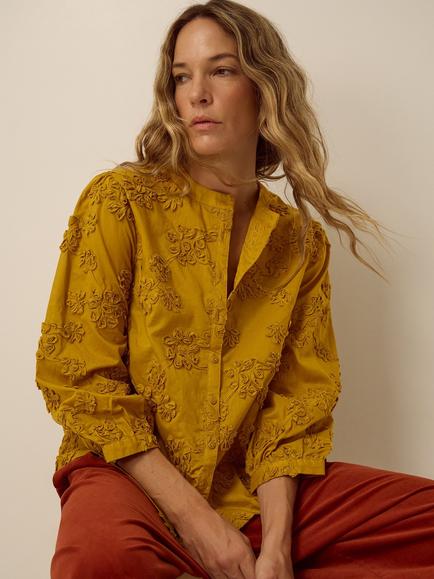 Monsoon Blair Cotton Embroidered Shirt, Ochre, Ochre