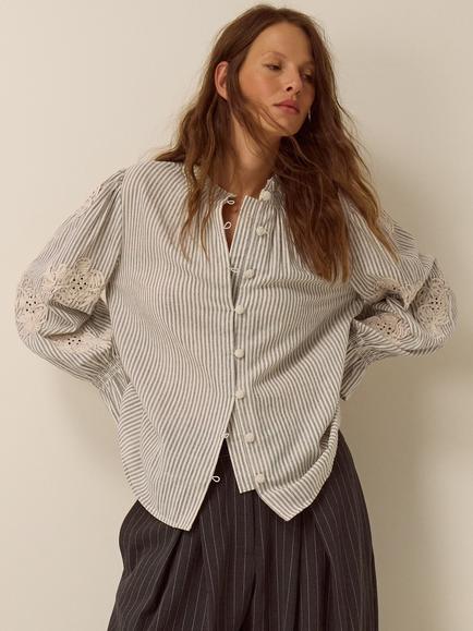 Monsoon Iris Caronelli Striped Embroidered Shirt, Ivory, Ivory