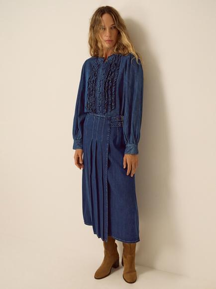 Monsoon Kitty Denim Kilt Midi Skirt, Indigo, Indigo