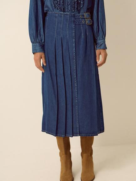 Monsoon Kitty Denim Kilt Midi Skirt, Indigo - view 2, Indigo