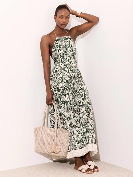 Mint Velvet Halterneck Maxi Dress, Green/Multi - view 2, Green/Multi