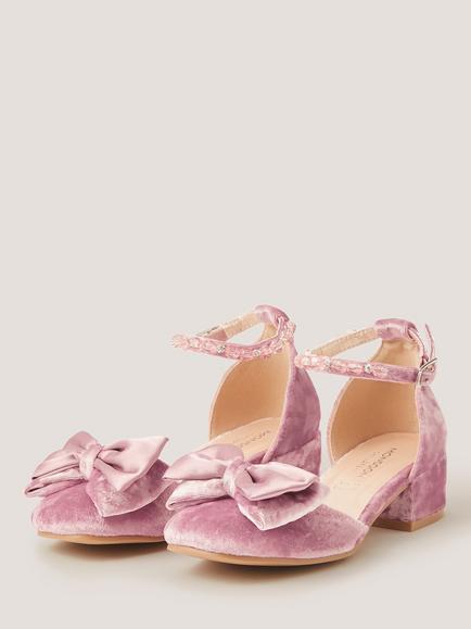 Monsoon Kids' Velvet Oversized Bow Block Heel Sandals, Pink - view 2, Pink