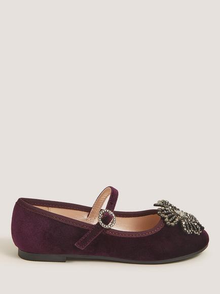 Monsoon Kids' Velvet Diamante Flower Ballet Flats, Purple, Purple