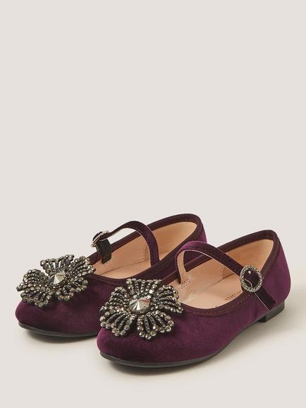 Monsoon Kids' Velvet Diamante Flower Ballet Flats, Purple - view 2, Purple