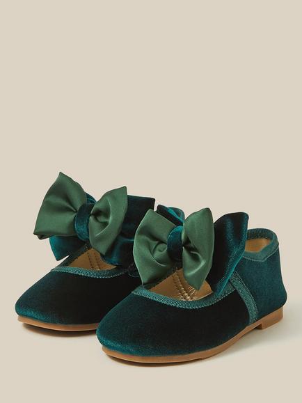 Monsoon Baby Bow Velvet Walker Shoes, Green - view 2, Green