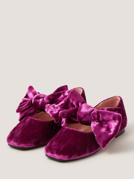 Monsoon Kids' Bow Strap Velvet Mary Jane Ballet Flat Shoes, Purple - view 2, Purple