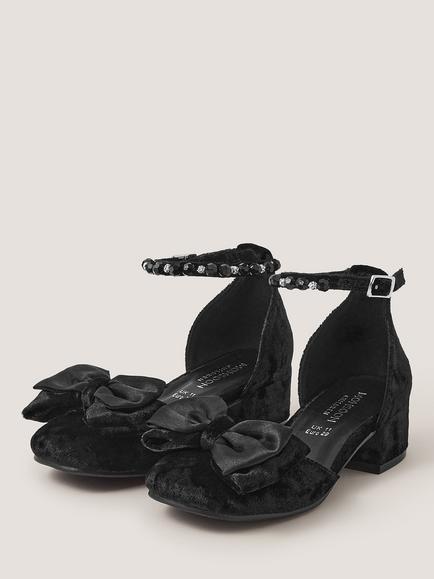Monsoon Kids' Embellished Bow Velvet Two Part Heeled Shoes, Black - view 2, Black