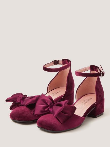 Monsoon Kids' Velvet Ankle Strap Block Heel Sandals, Burgundy - view 2, Burgundy