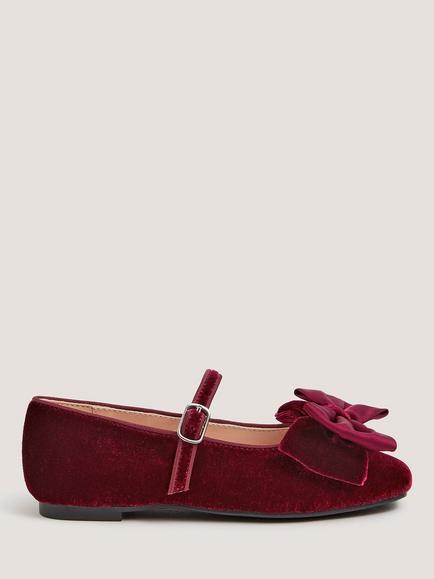 Monsoon Kids' Bow Velvet Ballet Flat Shoes, Burgundy