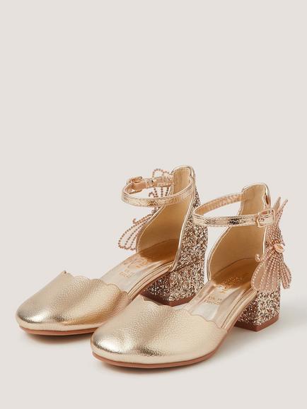 Monsoon Kids' Scallop Butterfly Block Heel Sandals, Gold - view 2, Gold