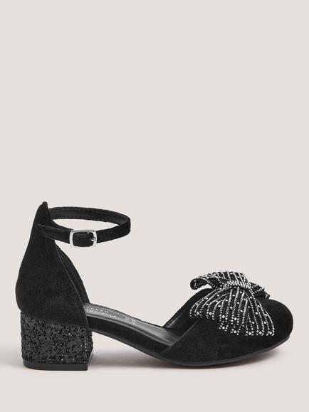 Monsoon Kids' Diamanté Bow Velvet Two Part Heeled Shoes, Black, Black