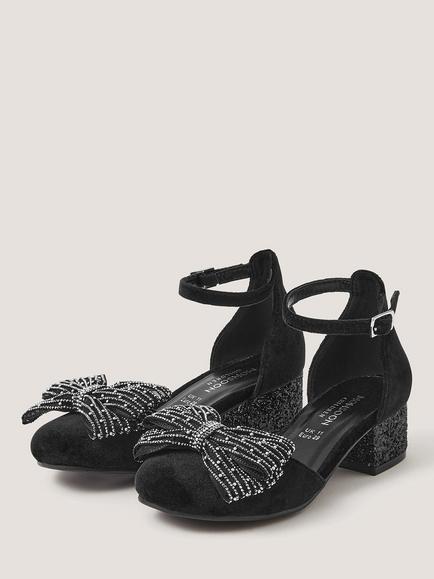 Monsoon Kids' Diamanté Bow Velvet Two Part Heeled Shoes, Black - view 2, Black