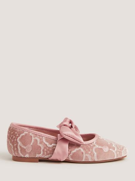 Monsoon Kids' Floral Lace Velvet Ballet Flats, Pink, Pink