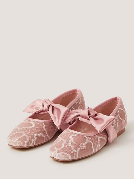 Monsoon Kids' Floral Lace Velvet Ballet Flats, Pink - view 2, Pink