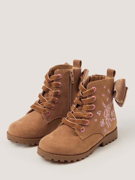 Monsoon Kids' Bow Embroidered Lace-Up Boots, Tan - view 2, Tan
