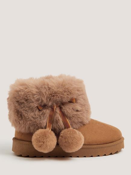 Monsoon Kids' Fluffy Pom-Pom Ankle Boots, Tan, Tan
