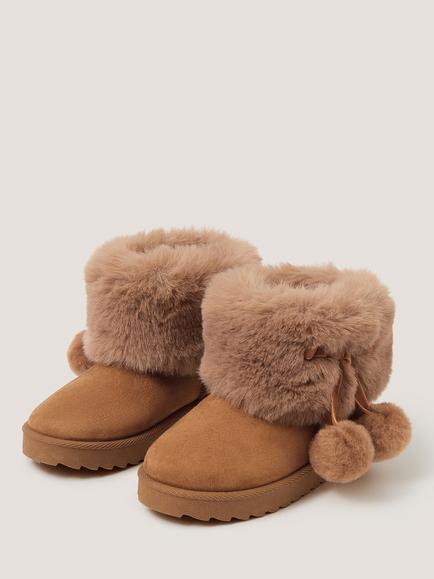 Monsoon Kids' Fluffy Pom-Pom Ankle Boots, Tan - view 2, Tan
