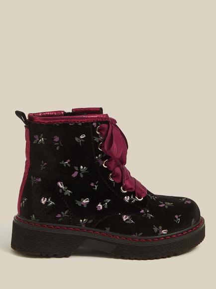 Monsoon Kids' Floral Velvet Lace-Up Boots, Black, Black