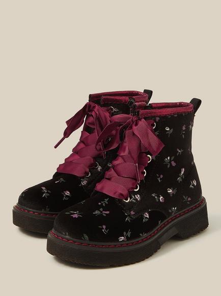 Monsoon Kids' Floral Velvet Lace-Up Boots, Black - view 2, Black