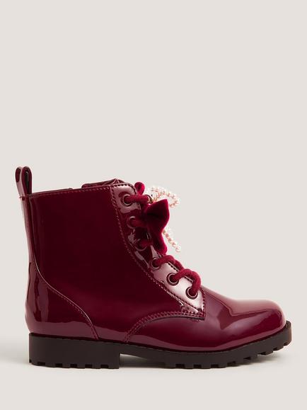 Monsoon Kids' Bow Patent Lace-Up Boots, Burgundy, Burgundy