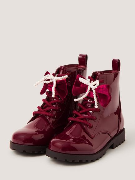 Monsoon Kids' Bow Patent Lace-Up Boots, Burgundy - view 2, Burgundy