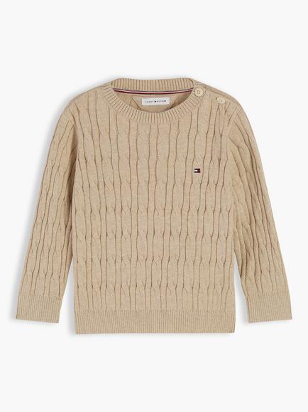 Tommy Hilfiger Kids' Cotton Cable Knit Crew Neck Jumper, Light Brown, Light Brown