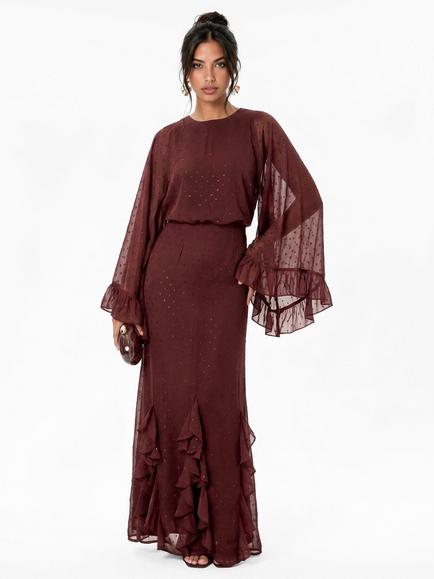 Anaya With Love Sheer Jacquard Long Sleeve Ruffle Maxi Dress, Chocolate Truffle, Chocolate Truffle
