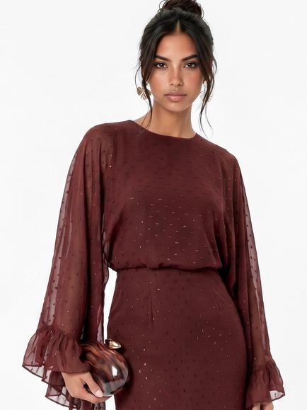Anaya With Love Sheer Jacquard Long Sleeve Ruffle Maxi Dress, Chocolate Truffle - view 2, Chocolate Truffle