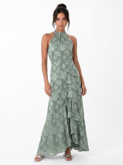 Anaya With Love Halter Neck Waterfall Ruffle Maxi Dress, Willow Green, Willow Green