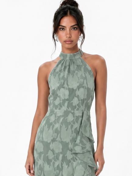 Anaya With Love Halter Neck Waterfall Ruffle Maxi Dress, Willow Green - view 2, Willow Green