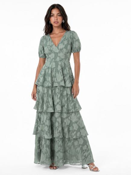 Anaya With Love Floral Burnout Short Sleeve Tiered Maxi Dress, Willow Green, Willow Green
