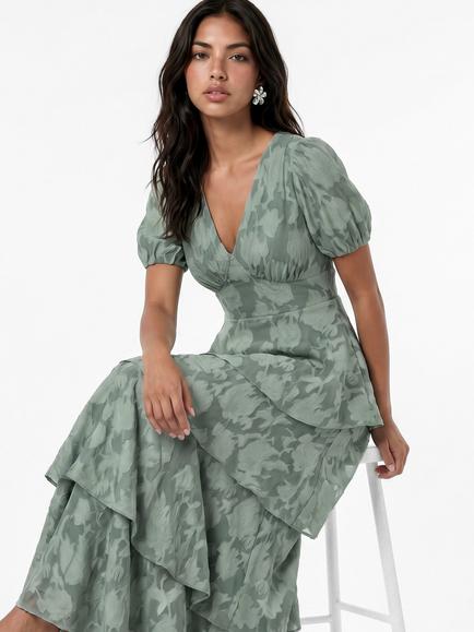 Anaya With Love Floral Burnout Short Sleeve Tiered Maxi Dress, Willow Green - view 2, Willow Green