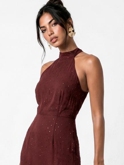Anaya With Love Metallic Chiffon Halterneck Ruffle Dress, Chocolate Truffle - view 2, Chocolate Truffle