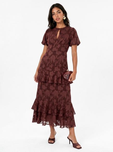 Anaya With Love Floral Burnout Puff Sleeve Ruffle Dress, Chocolate Truffle, Chocolate Truffle
